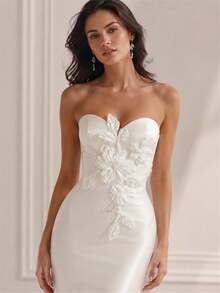 1pc White 3D Chiffon Floral Beaded Applique, Sheer Tulle Flower Patch, Sew On Motif For Wedding Gown Evening Dress - White - View 5