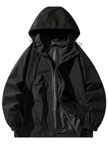1pc Men's Pure Black Hooded Jacket, 3D Cut Body, Elastic Cuffs, Suitable For Urban Daily Wear, Great Gift - Black - View 2