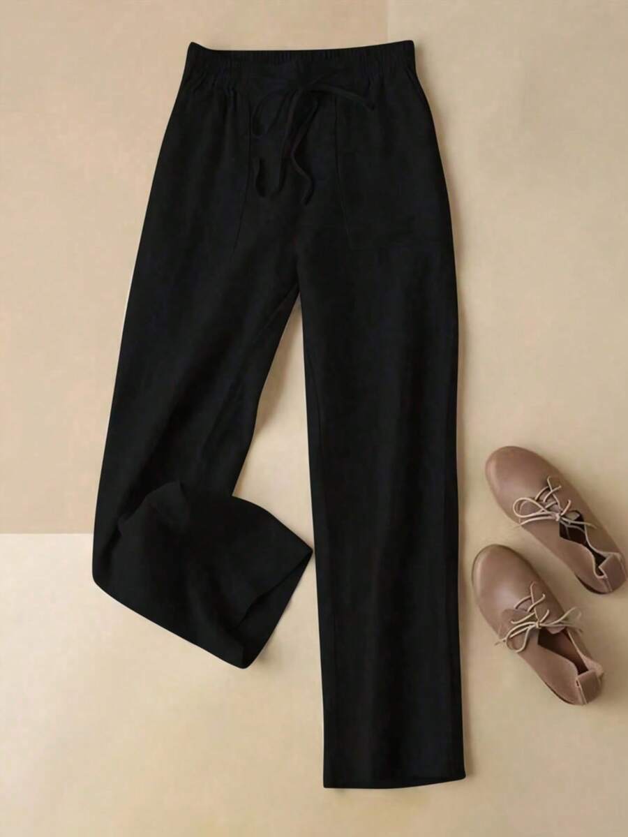 Women's Comfortable Casual Straight Leg Pants With Ruched Waist And Decorative Drawstring, Regular Length Black Spring - Black - View 1
