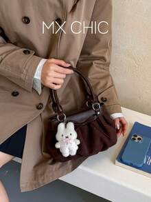 1pc Women's Solid Color Bucket Bag, Fashion Bowknot Decor Shoulder Crossbody Bag With Cartoon Pendant, Suitable For Commuting, Shopping, Gift Giving - Coffee Brown - View 1