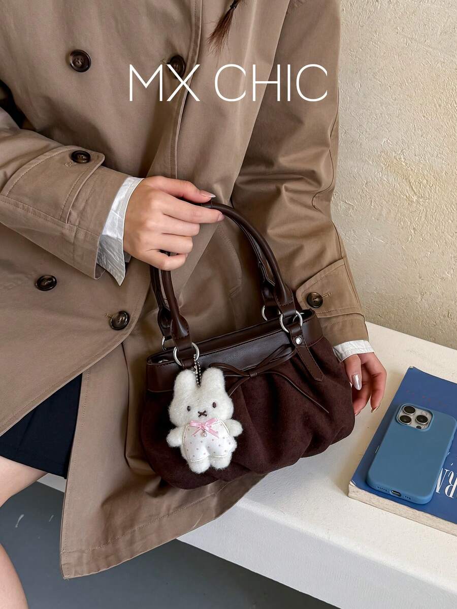 1pc Women's Solid Color Bucket Bag, Fashion Bowknot Decor Shoulder Crossbody Bag With Cartoon Pendant, Suitable For Commuting, Shopping, Gift Giving - Coffee Brown - View 1