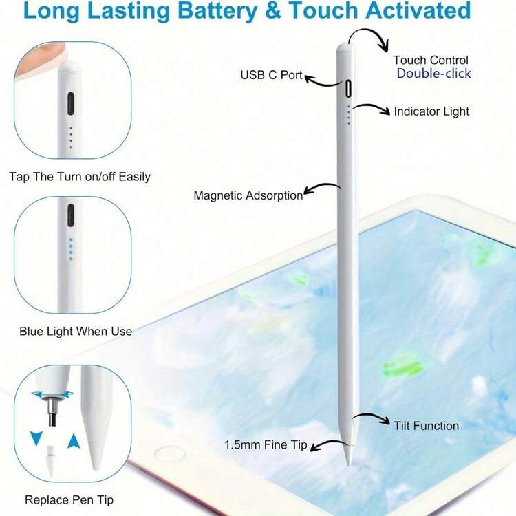 [Apple Pencil]Apple 相容觸控筆 - 快充觸控筆、傾斜感應、磁吸設計、防誤觸掌心 - 相容 2018-2024 Apple、第 6-10 代/ Pro 11 吋與 12.9 吋第 3-5 代/ Air 第 3-5 代/ Mini 第 5/6 代，相容 iPad 觸控筆 - 白色 - 查看 3