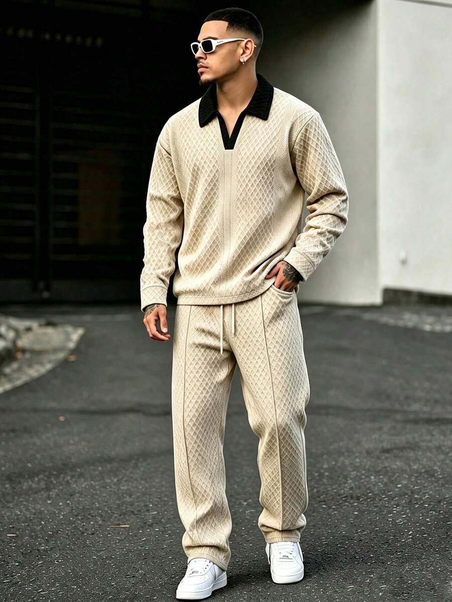 Men's Luxury Textured Colorblock Black Collar Casual 2 Pieces Set, Loose Long Sleeve Top And Pants, Spring/Autumn - Khaki - View 1