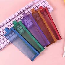 10pcs (Random Color) Semi-Transparent Mesh Zipper Pencil Case, Thickened Wear-Resistant Multi-Layer Mesh Stationery Bag, Simple Storage Bag, Stationery Bag, Back To School Season - A - View 8