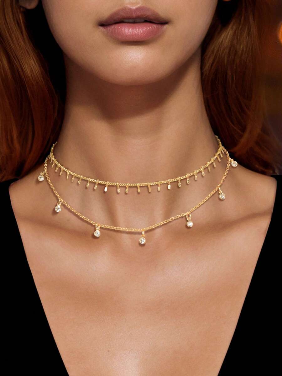 2pcs Gold-Tone Minimalist Necklace Set - Yellow Gold - View 1