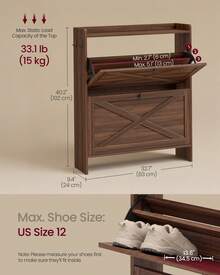 VASAGLE Shoe Storage Cabinet Organizer With 2 Flip Drawers, Freestanding Narrow Shoe Rack Cabinet For Entryway, Farmhouse Style, Fits 14 To 16 Pairs - Chestnut Walnut - View 3