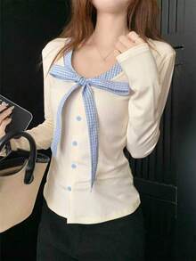 Korean Sweet Style Patchwork V-Neck Bow Button Long Sleeve T-Shirt, Slim Fit Flattering Atmosphere Inner Layer Casual Versatile Autumn/Winter Women's Top - Apricot - View 7