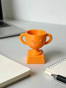 1 Mini Cute Smiling Face Trophy - Novelty Gift Printed With "You're Awesome" - Collectible Figurine For Desks, Offices And Positive Encouragement - Orange - View 4