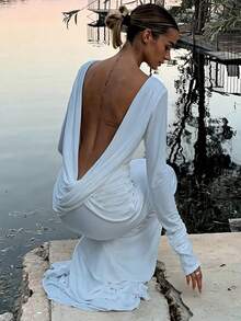 SYchuan Plain Sexy Backless Ruched Long Sleeve Dress White Spring Elegant - White - View 4