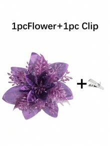 1/10/20/30件裝一品紅聖誕裝飾花（附夾子）－10件裝人造花 紅色 金色 銀色 聖誕樹飾品 亮面 新年婚禮派對花環 DIY 花串裝飾，含包裝 - 紫色 - 查看 13