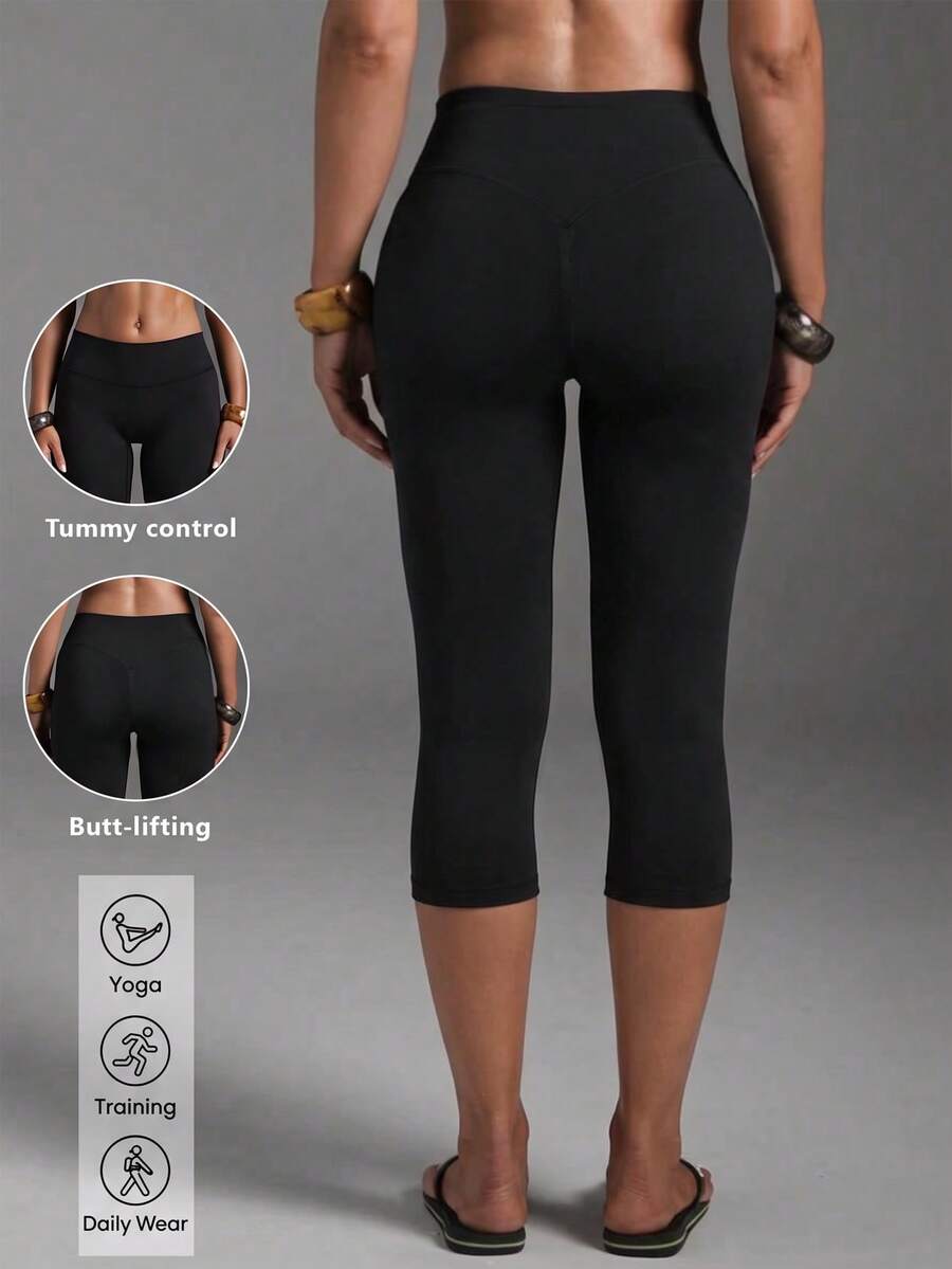 1pc Solid Color Tummy Control Butt Lifting Shaping Mid-Length Sports Shorts Black - Black - View 1