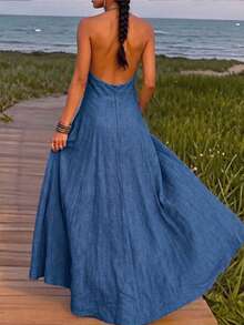 Women's Halter Neck Sleeveless Long Dress With Pockets, Elegant Backless Dress For Date And Evening Party Summer - Blue - View 5