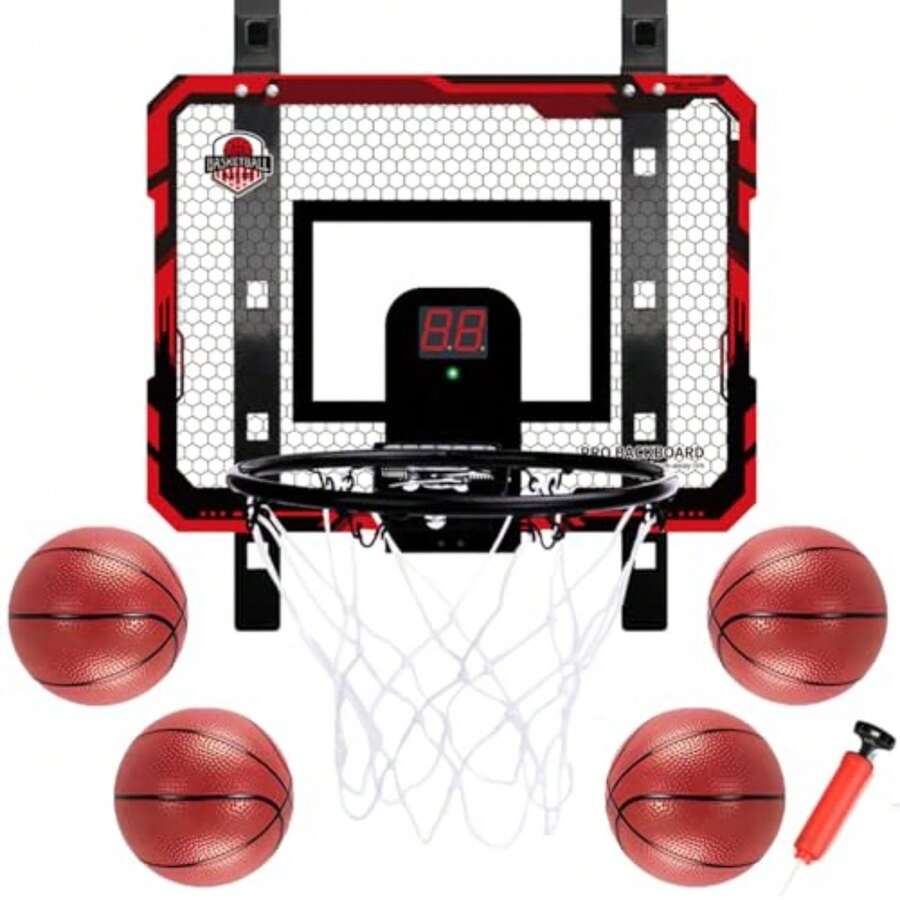Tablero de Basquetbol para Niños Plegable, Canasta de Basquetbol para Niños Portátil con Contador Electrónico De Puntaje, Aro, 4 Mini Balón, Tablero de Basketball para Puerta y Pared Juegos Exterior - Multicolor - Ver 1
