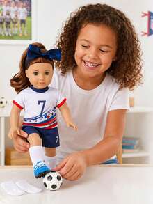 5pcs 16-18in Children Doll Clothes, Soccer Theme Doll Outfit Set, Star Stripe Print Short Sleeve Jersey + Navy Blue Shorts, Matching White Socks, Navy Blue Bow Tie, Mini Soccer Toy, Breathable Sports Style Doll Clothes, Children Role Play Dress Up Gift, Gift For Kids, Doll Not Included - Multicolor - View 7