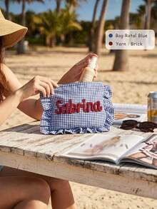 Custom Chenille Embroidered Tote Bag, Personalized Name Letter Canvas Handbag, 3D Plush Applique Letter Shoulder Bag, Large Capacity Beach Travel Bag, Bridesmaid Gift - Multicolor - View 7