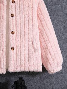 Girls' Casual Fashion Solid Color Vertical Stripe Stand Collar Single-Breasted Design Fleece Lined Thickened Jacket, Versatile For Autumn/Winter - Pink - View 7