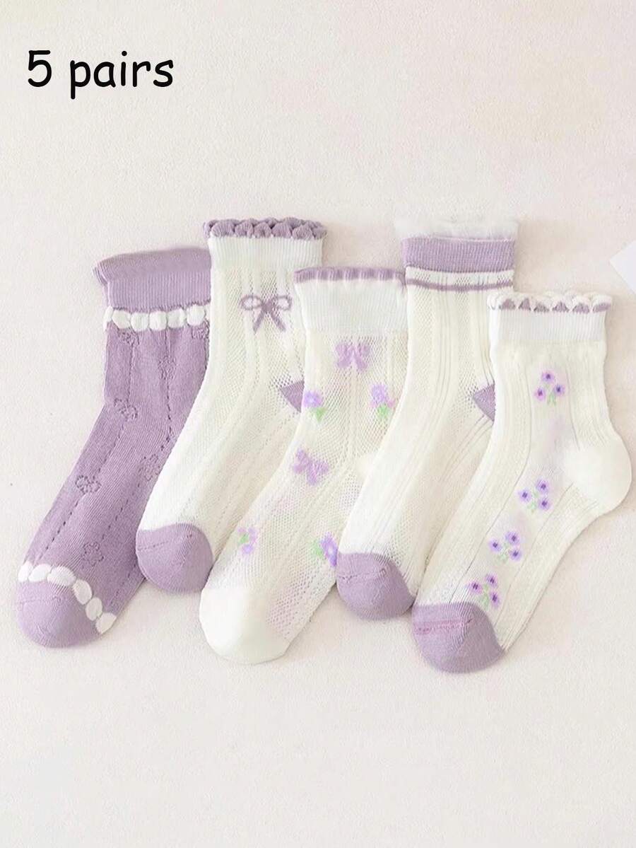 5 Pairs Summer Mesh Kids Socks, Sweet & Comfortable Bowknot, Floral Pattern Casual Mid-Calf Socks, Suitable For 1-16 Years Old Girls - Multicolor - View 1