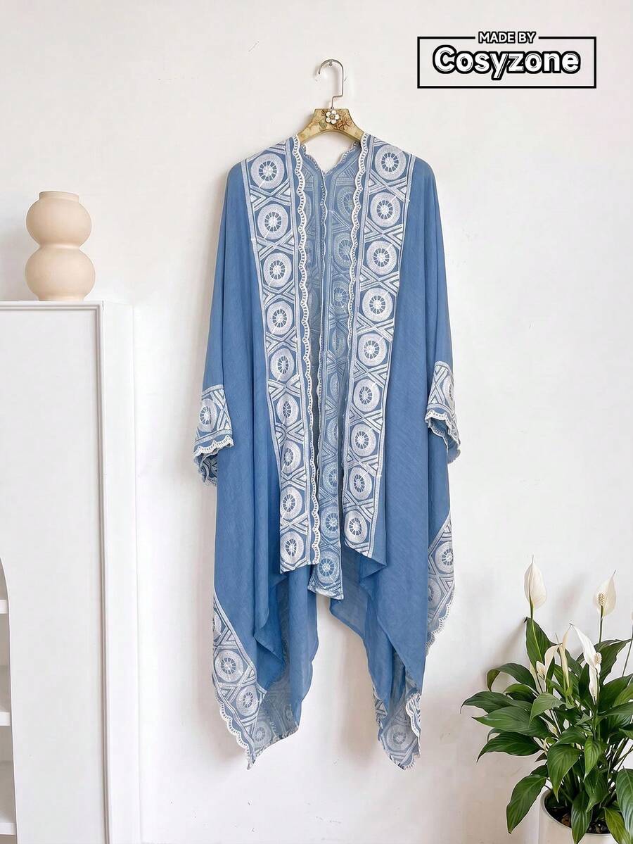 1件簡約幾何圖案刺繡開襟女款和服披肩,春夏季波希米亞風沙龍式外衣,海灘度假防曬裝飾刺繡開襟衫,適合日常穿搭,禮物首選 - 藍色 - 查看 1