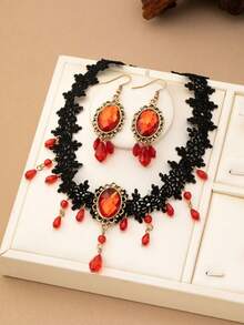 1pc Necklace + 2pcs Earrings Halloween Minimalist Elegant Gothic Hollow Lace Water Drop Tassel Women Jewelry, Suitable For Halloween Party, Banquet And Daily Wear - Cut-out Lace Teardrop Tassel Set - View 2