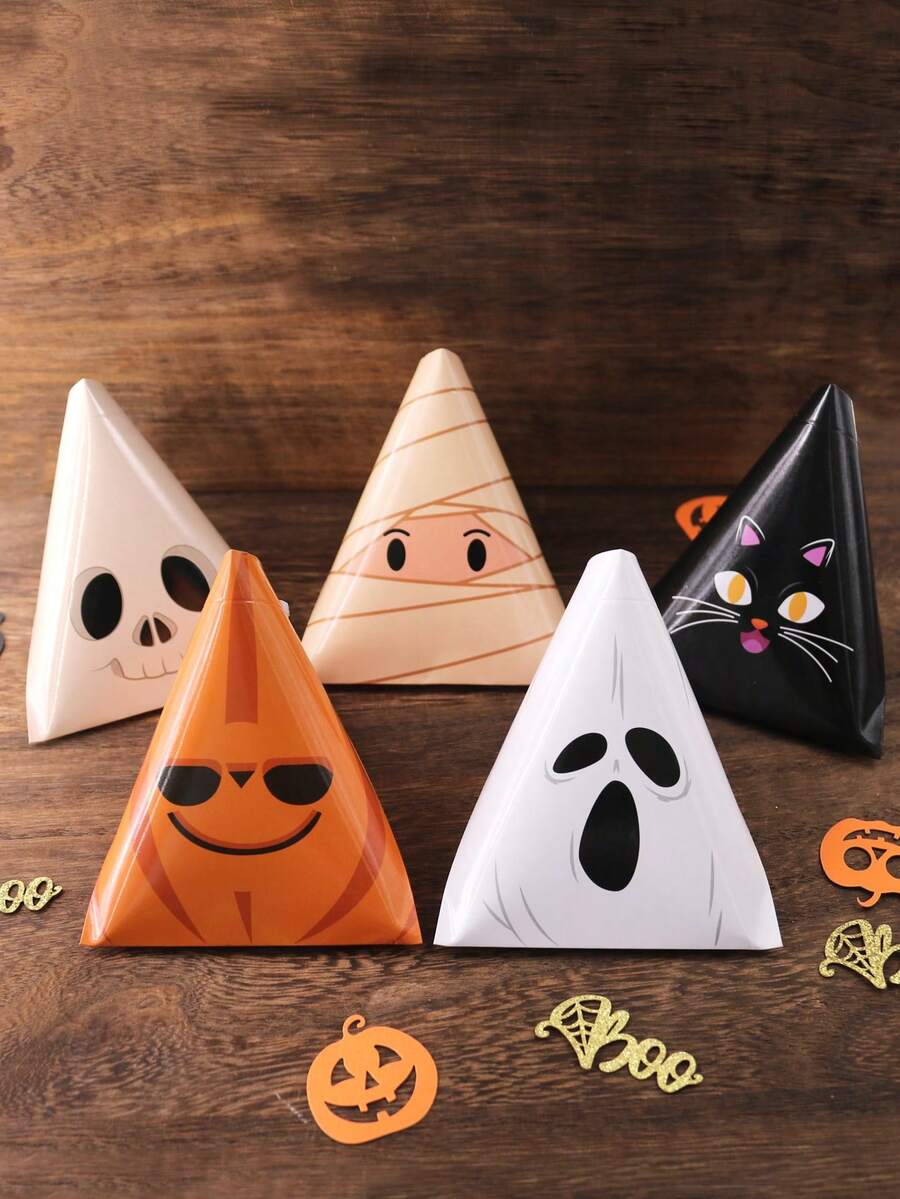 10pcs/Set Halloween Hanging Candy Boxes, 5 Designs Pumpkin, Ghost, Black Cat, Mummy & Skeleton Trick Or Treat Favor Boxes With Ribbon Handles For Kids Halloween Party Supplies - 5 Patterns - View 1