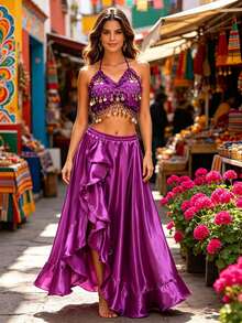 V Neck Halter Multi-Layer Coin Pendant Crop Top Glossy Satin Asymmetric Side Slit Dance Maxi Skirt (Multiple Colors Available) - Multicolor - View 7