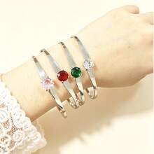 1 pieza Brazalete de primavera de lujo con tono plateado y strass, brazalete de strass para mujer - Pulsera con incrustaciones de diamantes - Ver 1
