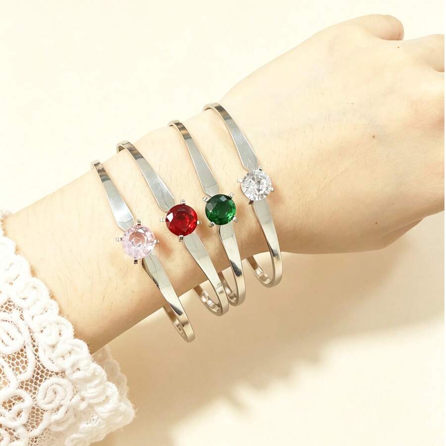 1 pieza Brazalete de primavera de lujo con tono plateado y strass, brazalete de strass para mujer - Pulsera con incrustaciones de diamantes - Ver 1