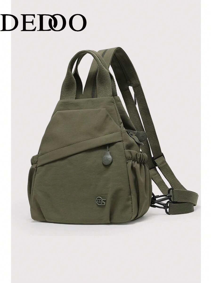 Women's Convertible Backpack, Solid Color Soft Nylon Material, Top Handle, Adjustable Shoulder Straps, Drawstring Design, Side Pockets, Embossed Logo, Large Capacity, Waterproof