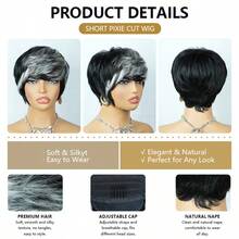 AMECIRE Elegant Short White Highlights Pixie Cut Wig Mixed Colors 100% Human Hair Wig With Bangs For Women Easy To Wear Perfect For Everyday & Cosplay & Parties & Music Festival - Multicolor - View 6