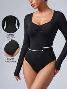1pc All-Season Long Sleeve Sports Jumpsuit, Square Neck Design, Slimming Ruched Chest, Fashionable Comfortable Versatile Black - Black - View 2