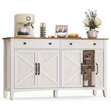 Rustic White & Honey Brown Farmhouse Sideboard Buffet Storage Cabinet Built-In Single Drawer With Detachable Drawer Divider, Freely Adjustable Inner Shelf & Reserved Cable Hole Multi-Purpose Coffee Bar Station For Kitchen Dining Room Entryway Home Be - Rustic White and Honey Brown - View 10