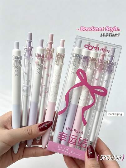 5pcs Laser Bow Pattern Ballpoint Pens, Bow Style Neutral Pens, 0.5mm Quick-Dry Black Ink, Creative Writing Pens, Office Supplies, Can Be Used As Party Favors, Gift Pens, Party Supplies, Also Suitable For Back To School Season, Showcasing Aesthetic Style.