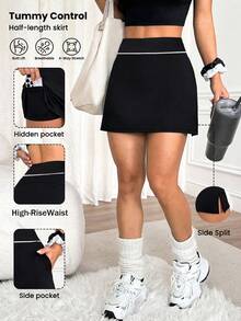 Women's Sports Skirt With Built-In Safety Shorts, Pockets, Multi-Pocket Wide Elastic Waistband Design, Breathable Material, Suitable For Badminton, Tennis, Yoga, Running And Marathon Sports Occasions.[Directional] - Black - View 3