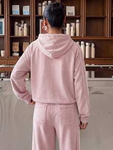 Damset med 2 delar: lös raglanrandig hoodie sweatshirt och draperade vida mjukisbyxor, höst - Rosa - Visa 2