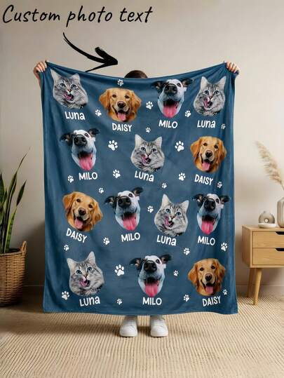 1pc Customized Photo Blanket, Personalized Text Photo Blanket, Personalized Blanket With Pet Photo, Friend Birthday Gift, New Home Gift. Decorative, Cool & Colorful, Unique, Customized Home Decor, Suitable For Him/Her, Family, Friends, Ideal Gift For Friends, Suitable For Anniversary, Birthday Gift, Decorative, Fashionable, Colorful, Vintage, Cute, Minimalist, Unique & Cute, Suitable For Sofa, Living Room, Bedroom, Outdoor, Office, Etc.