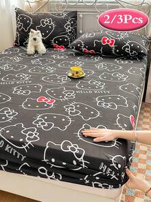 Sanrio 2/3件組 Hello Kitty 床上用品套裝，可愛卡通印花床單套件，床墊保護墊、床罩、床單，舒適家居紡織品，透氣防起球床墊保護墊，家居裝飾，適用所有床尺寸－雙人床、全尺寸床、加大床、特大床，四季通用，防塵床罩，可機洗 - 黑白KT - 查看 1