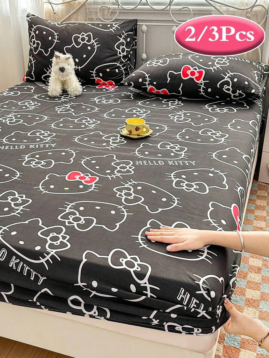 Sanrio 2/3件組 Hello Kitty 床上用品套裝,可愛卡通印花床單套件,床墊保護墊、床罩、床單,舒適家居紡織品,透氣防起球床墊保護墊,家居裝飾,適用所有床尺寸-雙人床、全尺寸床、加大床、特大床,四季通用,防塵床罩,可機洗 - 黑白KT - 查看 1