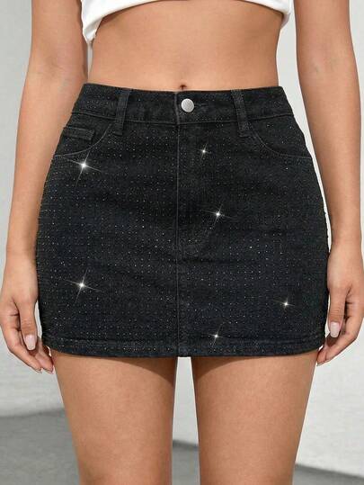 Women's Solid Color Rhinestone Decor Slant Pocket Casual Denim Skirt YYQN