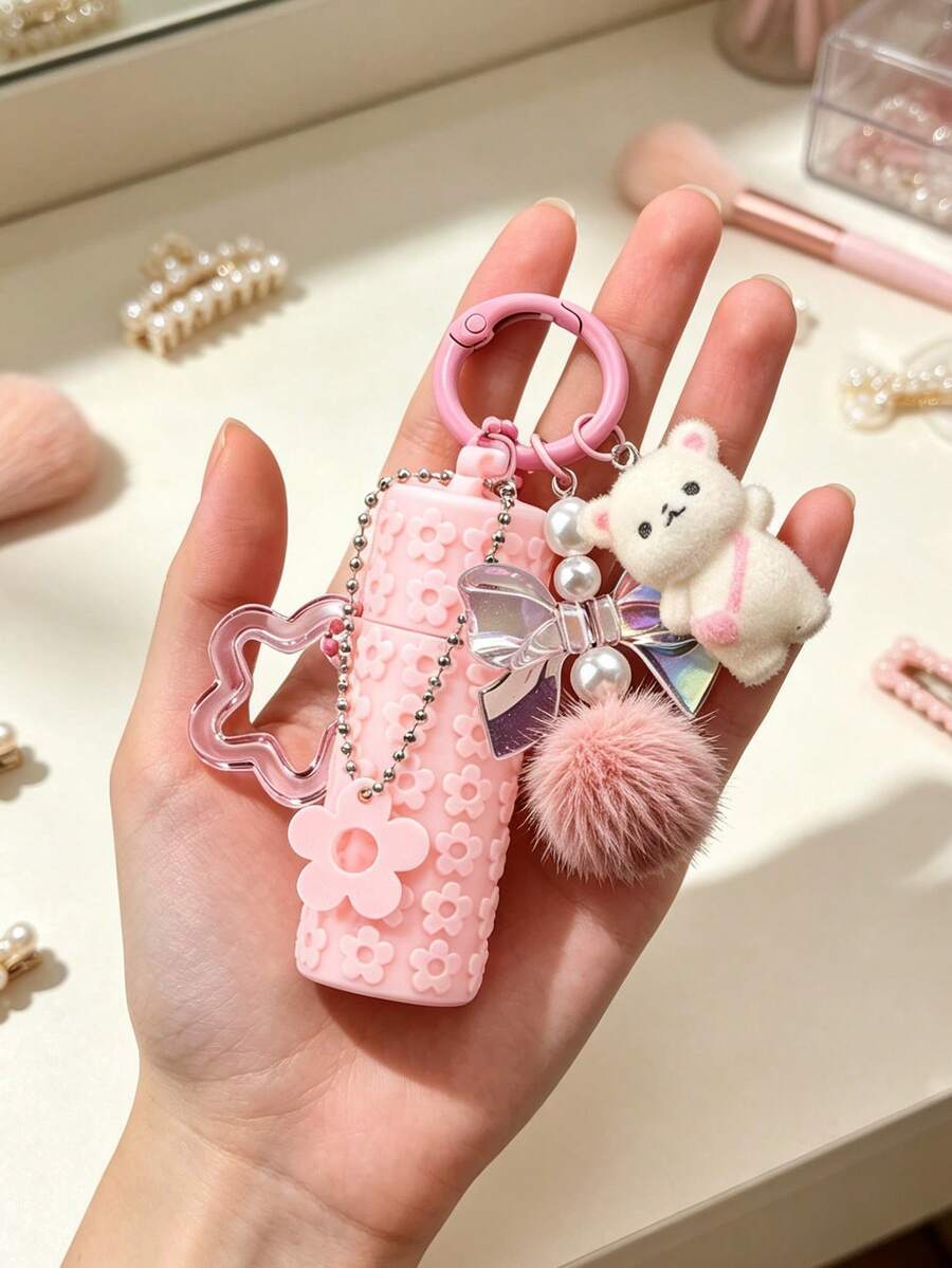 Lipstick & Lip Gloss Storage Box, Cute Korean Plush Ball Keychain, Cosmetic Storage, Fashion Floral Lipstick Tube Keychain, Spring Ring Keychain, Resin Plush 3D Heart-Shaped Teddy Bear Keychain, Key Pendant, Car Hanging Ornament, Refillable Cosmetic Container, Lip Gloss Keychain, Personal Makeup Storage, Birthday Gift, Holiday Gift, Back To School Gift, Wedding Accessory, Travel & Vacation Essential, Summer Essential, Back To School Essential - Multicolor - View 1