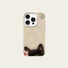 1pc TPU Material Soft Lace Hibiscus Flower Tortoiseshell Cat Pattern Phone Case Suitable For IPhone 17 Pro Max/17/16 Pro Max/15/13/12/11/ S20 FE/A15/S24/A55/ Note 11/Note 12/Note 13 Pro Full Coverage Anti-Drop Soft Shell Phone Protective Cover - White - View 5