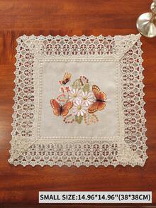 1pc 100% Polyester Vintage Butterfly Floral Embroidered Table Runner, Lace Edge Triangle Table Runner With Tassels, Farmhouse Style Dining Table Decor - Khaki - View 14