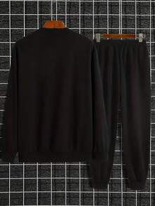 250g Heavyweight Fabric Men's Basketball Pattern Crewneck Sweatshirt And Pants Two Pieces Set, Simple Casual Autumn And Winter Sportswear Black - Black - View 4