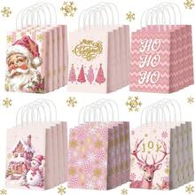 24/12/4 Stücke rosa Weihnachtspapiertüten mit Rentier-, Schneeflocken- und Weihnachtsbaum-Muster, niedliches Weihnachtsthema Design bedruckte tragbare Geschenktüten geeignet für Feiertagsparty, Klassenzimmer Weihnachtsgeschenkaustausch, Winterparty-Geschenke, Weihnachtsdekoration, Weihnachtstüten - Weihnachtsgeschenktüte, zufällige Auswahl - Übersicht 5