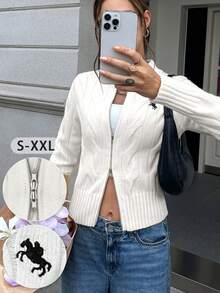 Women Solid Cable Knit Cardigan, Long Sleeve Soft Knit Sweater, Minimal Elegant Commuter Top For Office Daily Date Vacation Fall Winter - White - View 2