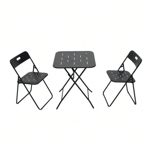 3-Piece Folding Bistro Set For Outdoor Use, Folding Patio Furniture With E-Coated Finish, 2 Chairs And 1 Table, Weatherproof Indoor/Outdoor Conversation Set, Beige - Black - View 1