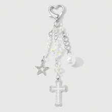 Y2K Star Cross Bag Charm, Silver Heart Beaded Chain Pendant With Pearl Decor, Cute Phone Strap Handbag Keychain Accessory - Multicolor - View 4