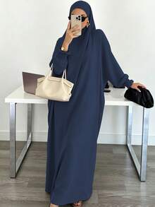 Solid Color Loose One-Piece Hijab Long Robe, Elastic Ribbed Cuffs Wide Sleeve Elegant Jilbab Robe, Muslim Women Daily Prayer Casual Outfit - Multicolor - View 19