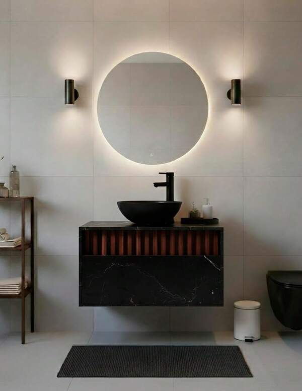 Gabinete para Baño Flotante con Ovalín y Llave Mezcladora,Diseño Minimalista con Detalle con Lambrín, Mueble Suspendido Moderno.(MARMOL Negro)