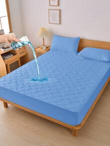 1pc Waterproof Solid Color Fitted Sheet, Skin-Friendly Mattress Protector, Dust-Proof & Moisture-Proof Mattress Cover, Ultrasonic Embossed Suitable For All Size Mattresses, Bedding Gift, Machine Washable - Clear Blue - View 7