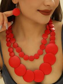 European American African Exaggerated Bohemian Multi-Layer Colorful Wooden Bead Necklace - Red - View 1
